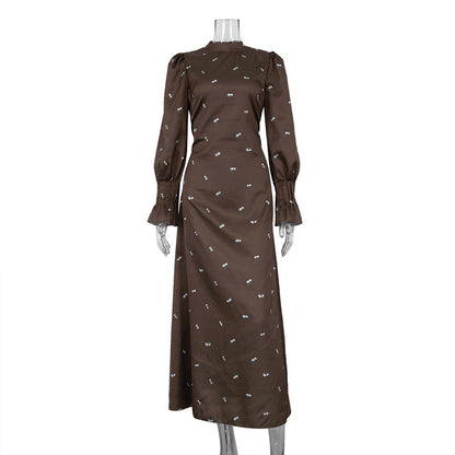 Printed round Neck Long Sleeved Dress Waist Controlled Drape Satin Dress