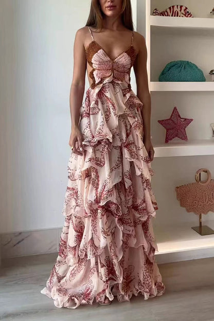 Ariae Butterfly Print Multi-layered Ruffles Backless Tie-up Maxi Dress