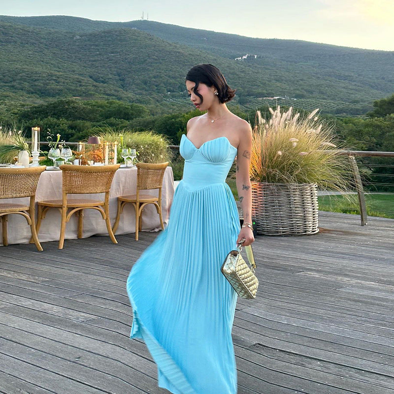 Elegant V Neck Pleated Dress Tube Top Maxi Dress Slim Fit Backless