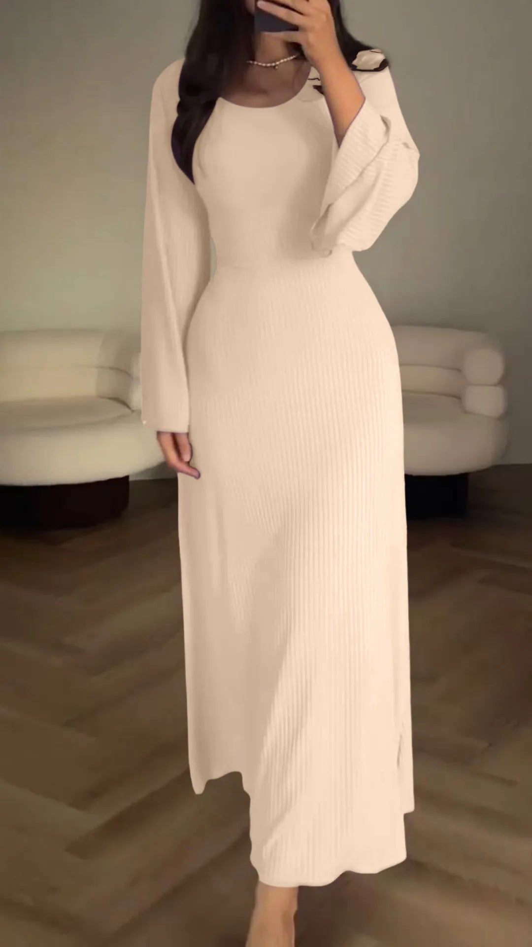Rib Knit Scoop Neck Long Sleeve Bell Cuff Bodycon Maxi Dress