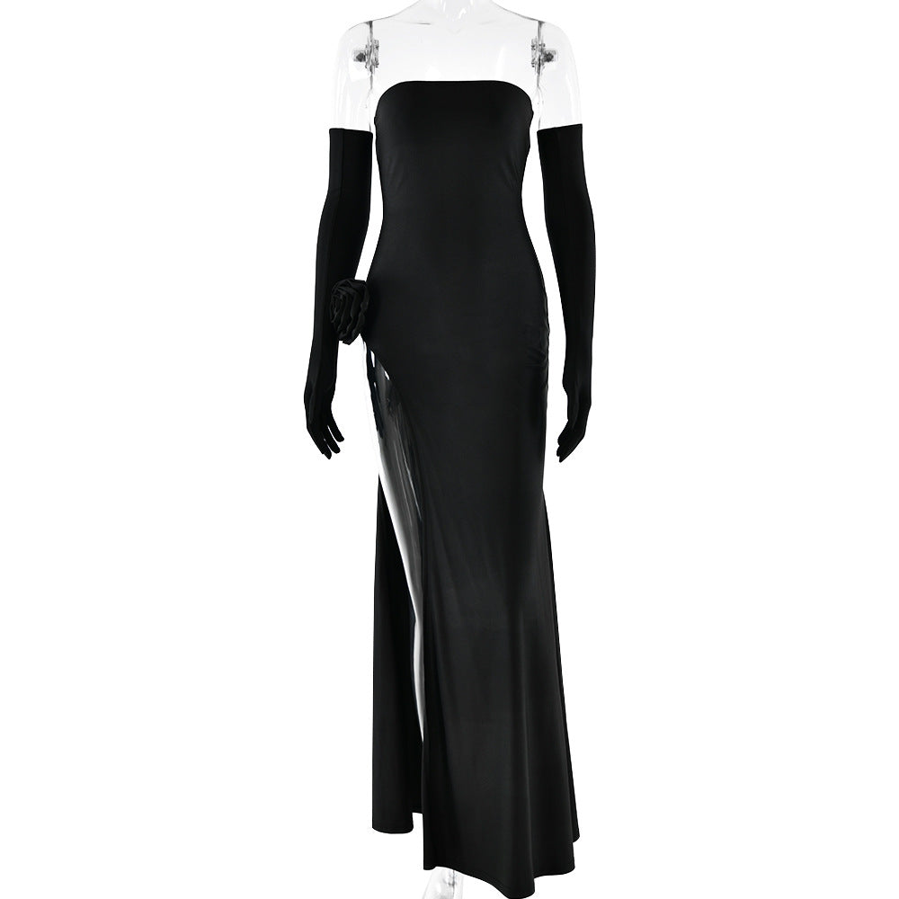 Strapless Floral Rosette High Slit Column Maxi Dress