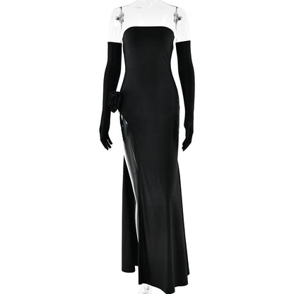 Strapless Floral Rosette High Slit Column Maxi Dress