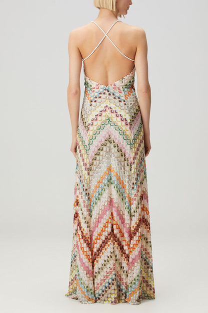 Missoni Summer Knit Colorful Herringbone Print Open Beck Maxi Dress