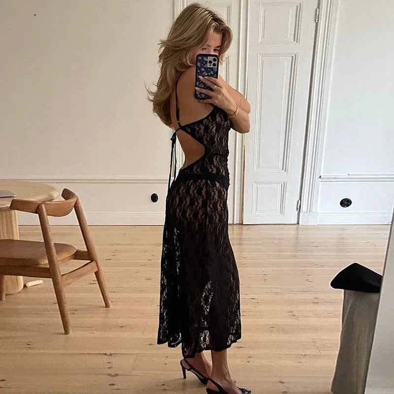 Sheer lace camisole midi dress for women