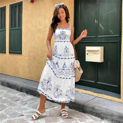Floral Embroidered Square Neck Tiered Elastic Waist Maxi Dress