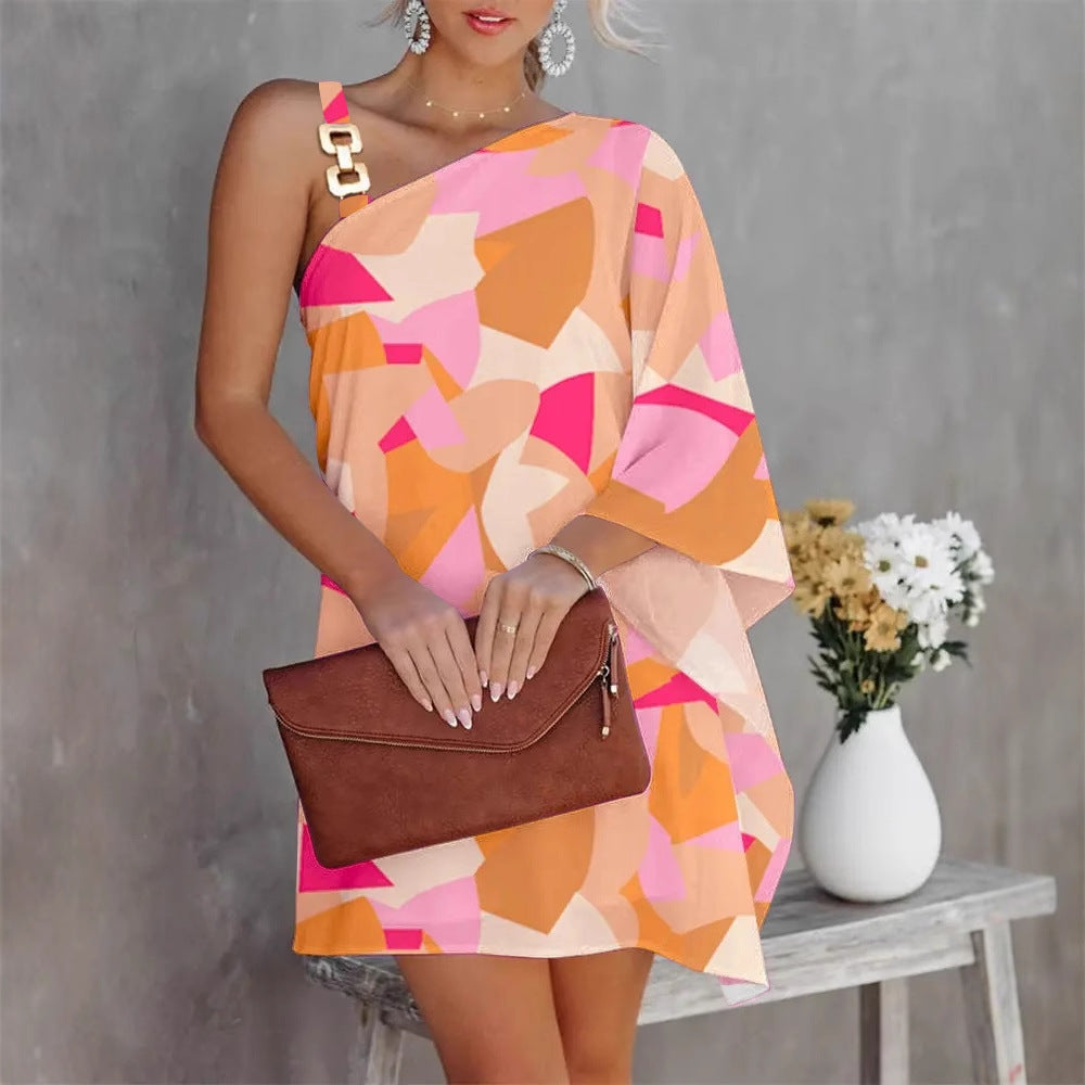 Ombre Stripe One-Shoulder Chain Strap Butterfly Cape Sleeve Mini Dress
