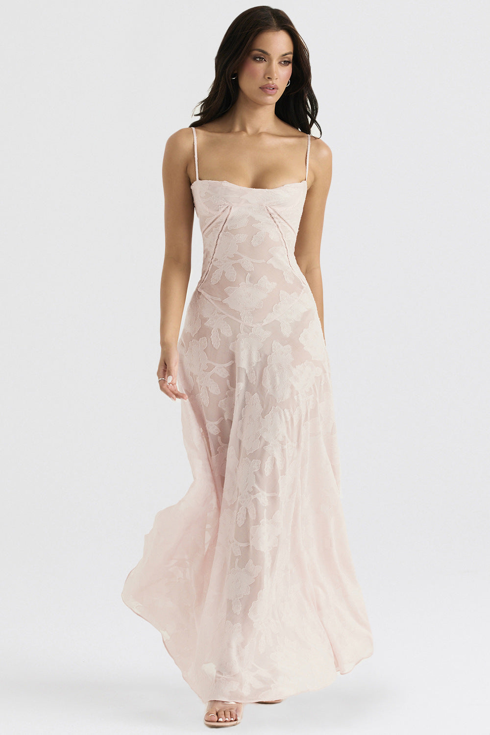Floral Jacquard Corset Bodice Spaghetti Strap Lace-Up Back Floor-Length Gown