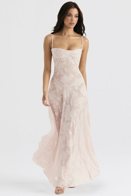 Floral Jacquard Corset Bodice Spaghetti Strap Lace-Up Back Floor-Length Gown