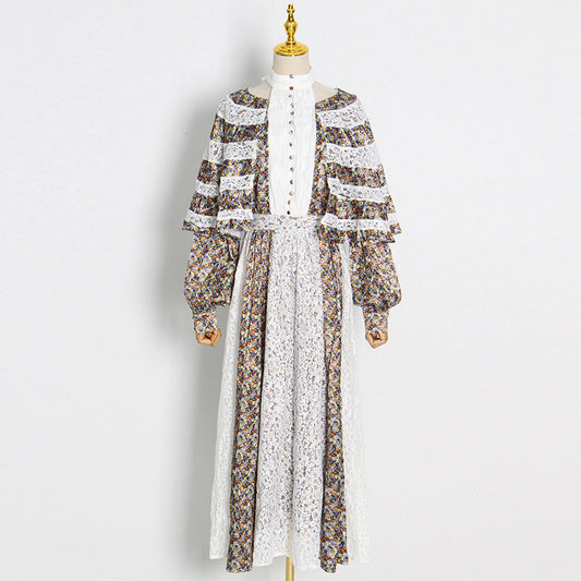 Elegant High Waist Lace Maxi Dress Cape Shawl Design Printed Maxi