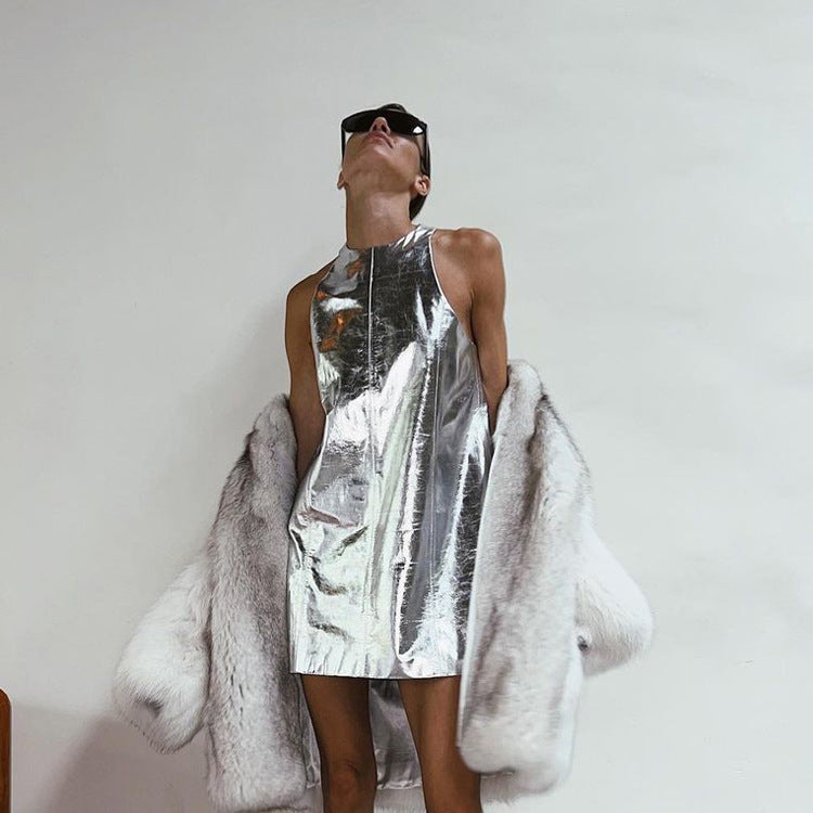 Reflective Faux Leather Nightclub Vest Dress Sleeveless Short Dress