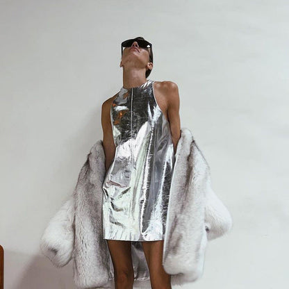 Reflective Faux Leather Nightclub Vest Dress Sleeveless Short Dress