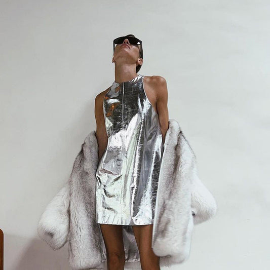 Reflective Faux Leather Nightclub Vest Dress Sleeveless Short Dress