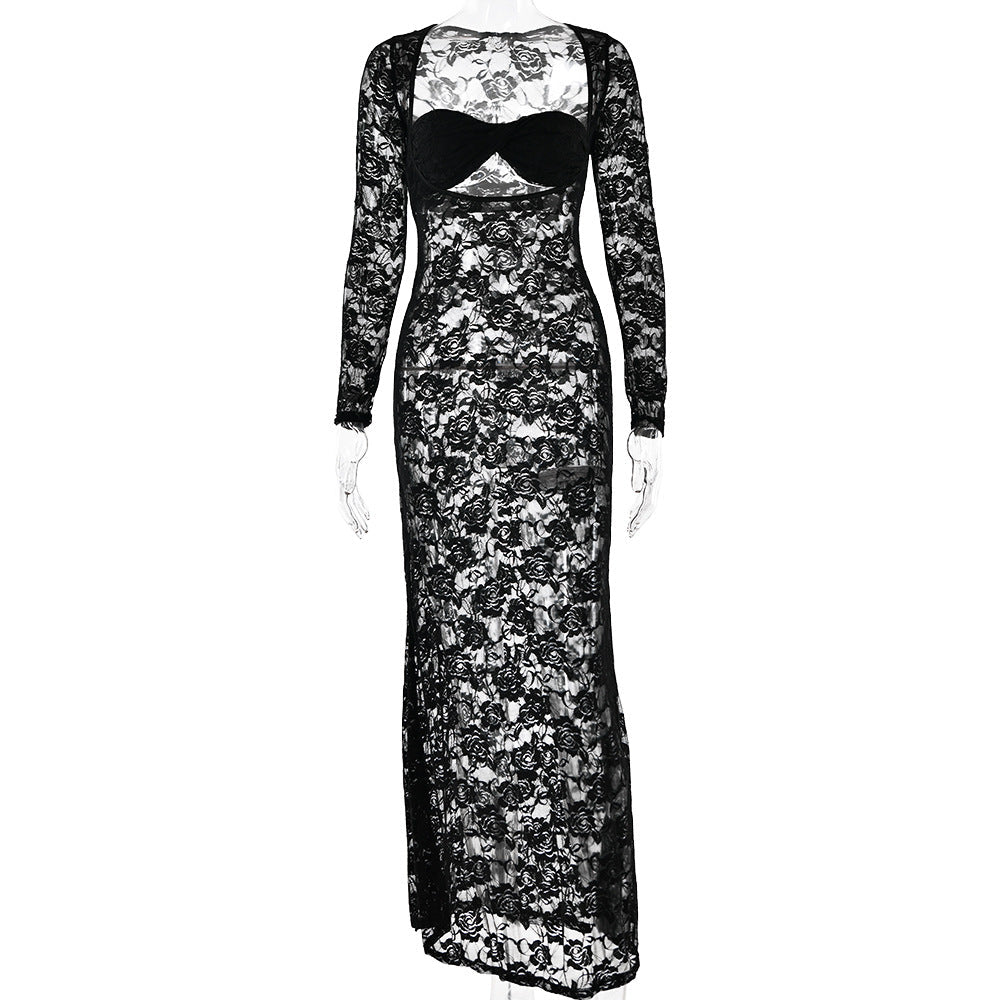 Lace See Through Long Sleeve Slim Fit Dress