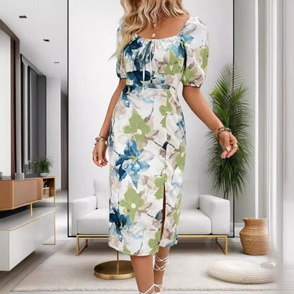 Floral Print Square Neck Puff Sleeve Tie Front Side Slit Bodycon Midi Dress