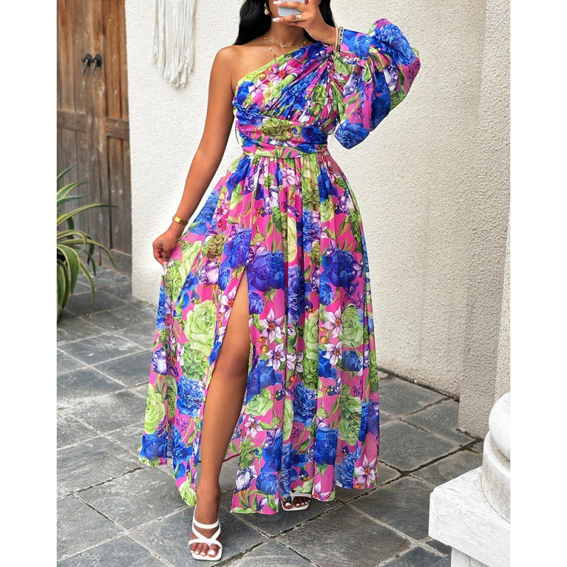 Floral Print One-Shoulder Lantern Sleeve Belted High Slit Maxi Dress