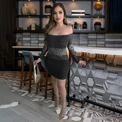off the Shoulder Dress Hip Wrapped Rhinestone Party Dress