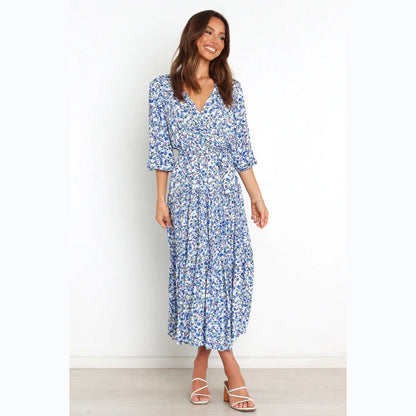 Floral Fresh Sweet Mid-Sleeve V neck Dress