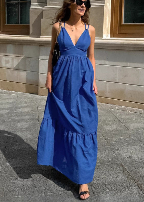 Deep V Neck Double Spaghetti Strap Empire Waist Tiered Maxi Dress