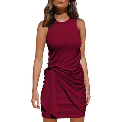 Crew Neck Side-Tie Knot Ruched Tank Bodycon Mini Dress