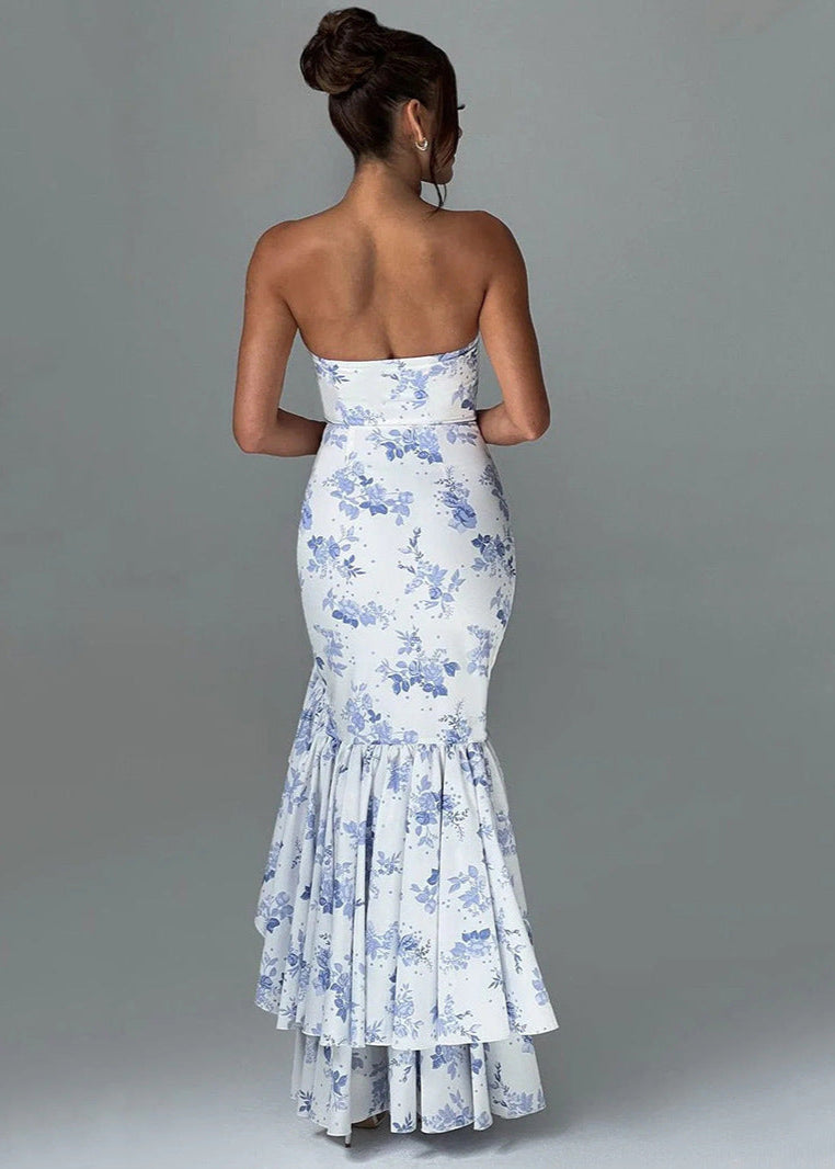 Strapless Fitted Bodice Asymmetric Ruffle High Low Floral Print Maxi Dress