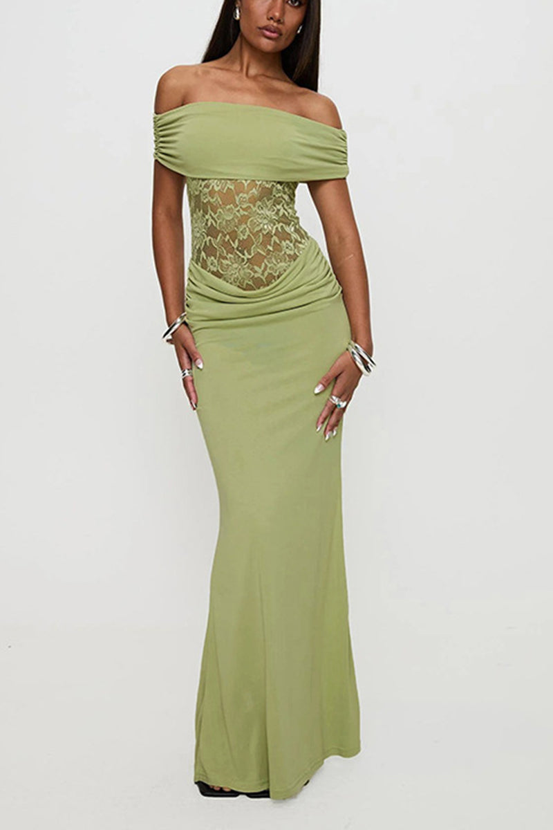 Women's Spring/Summer New Solid Color Off Shoulder Splicing Lace Extra Long Slimming Dress