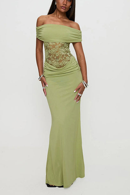 Women's Spring/Summer New Solid Color Off Shoulder Splicing Lace Extra Long Slimming Dress