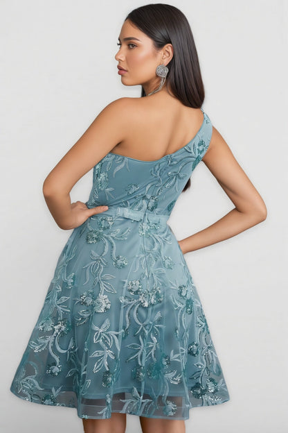 Flinl Green One-Shoulder Mesh Mini Dress