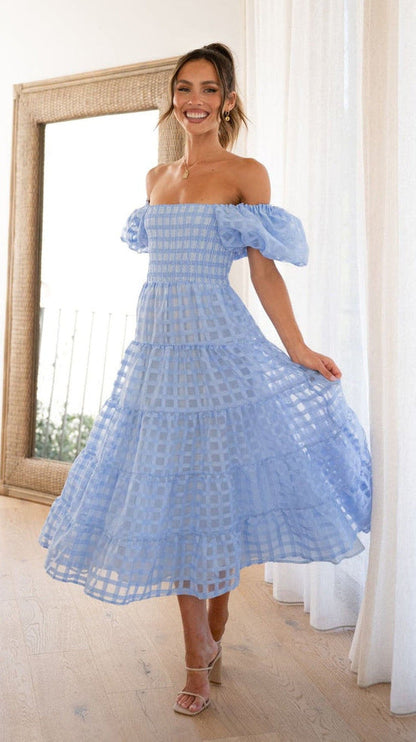 One Neck Lantern Sleeve Layer Stitching Dress