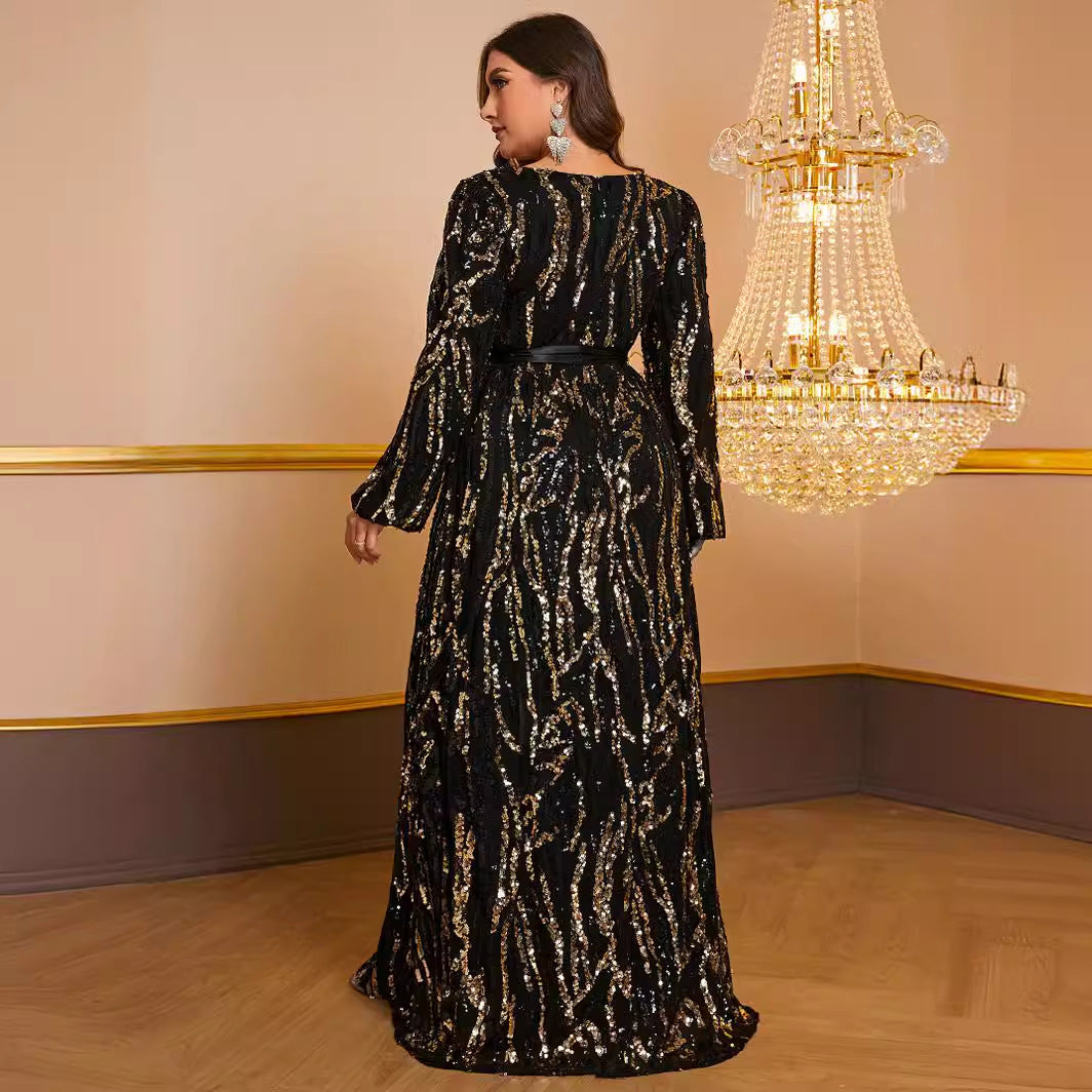 Plus Size Prom Party Dress Sequined Cross V neck Long Sleeve Dress Including Belt