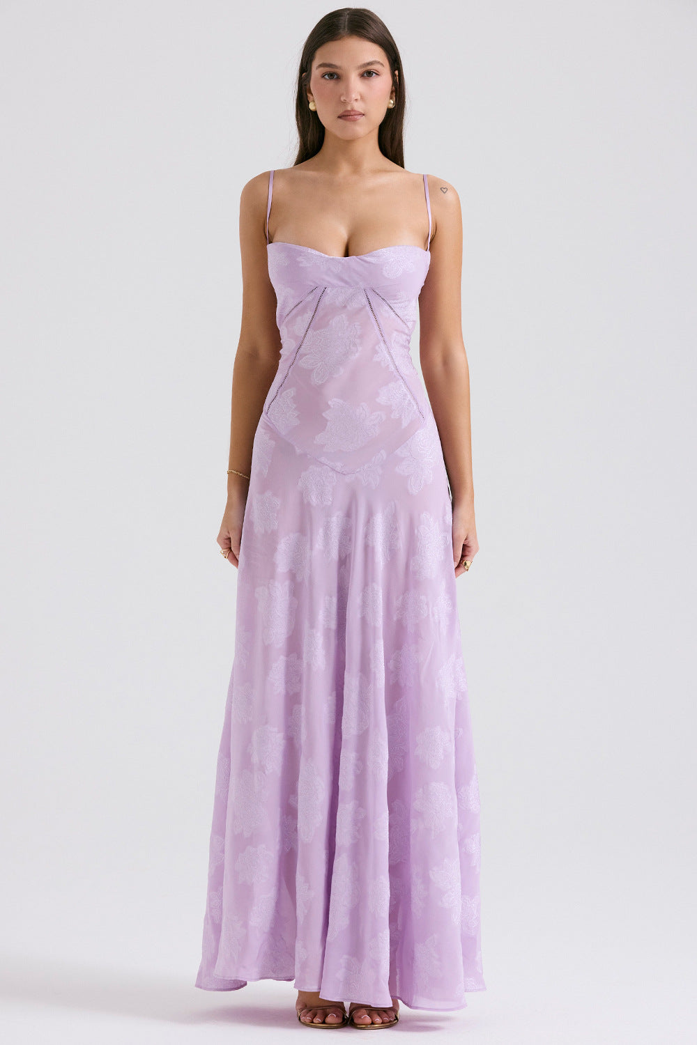 Floral Jacquard Corset Bodice Spaghetti Strap Lace-Up Back Floor-Length Gown