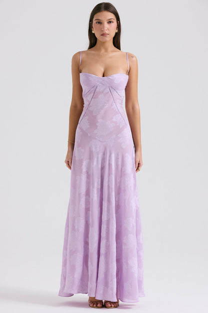 Floral Jacquard Corset Bodice Spaghetti Strap Lace-Up Back Floor-Length Gown