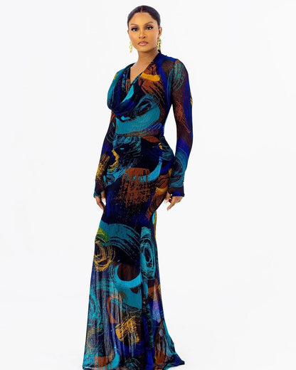 Printing Long Sleeve Narrow Slim Fit Dress Long