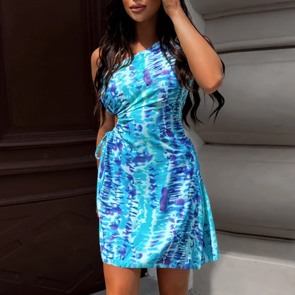 One Shoulder Diagonal Collar Tie Dyed Printed Dress Short