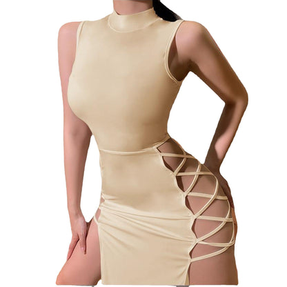 Mock Neck Sleeveless Side Lace-Up Cutout Bodycon Maxi Dress