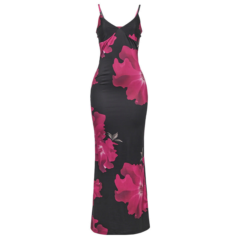 Large-Scale Floral Print Spaghetti Strap Bodycon Maxi Dress