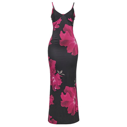 Large-Scale Floral Print Spaghetti Strap Bodycon Maxi Dress