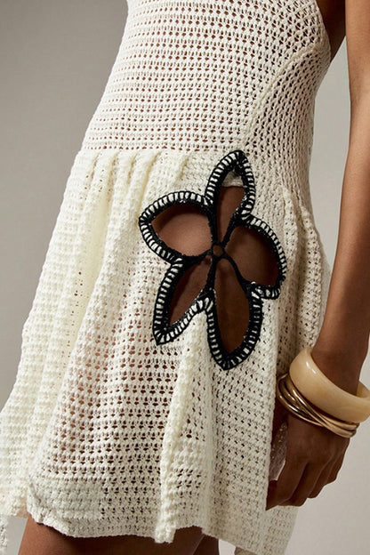 Fashionable Openwork Knit Halter Neck Backless Cover-up Mini Dress