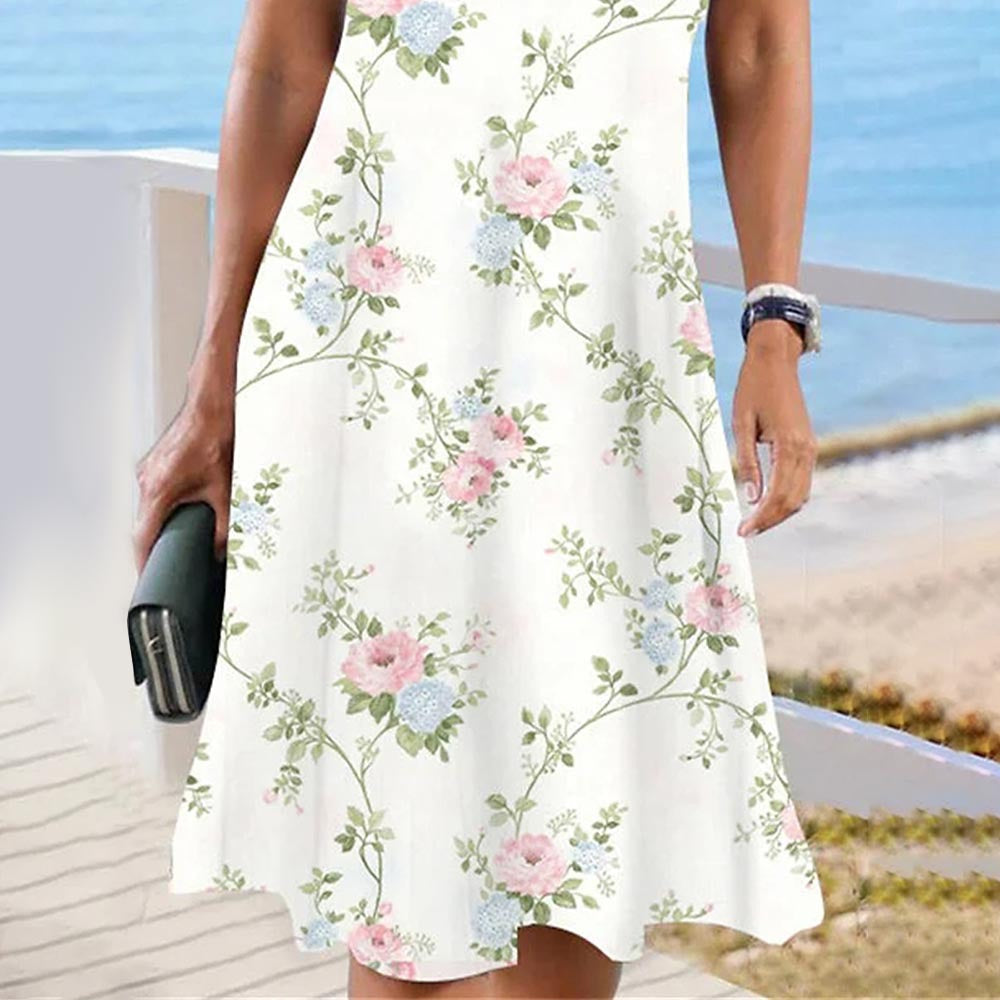 Large Floral Print Scalloped V-Neck Lace Short Sleeve A-Line Midi Dress