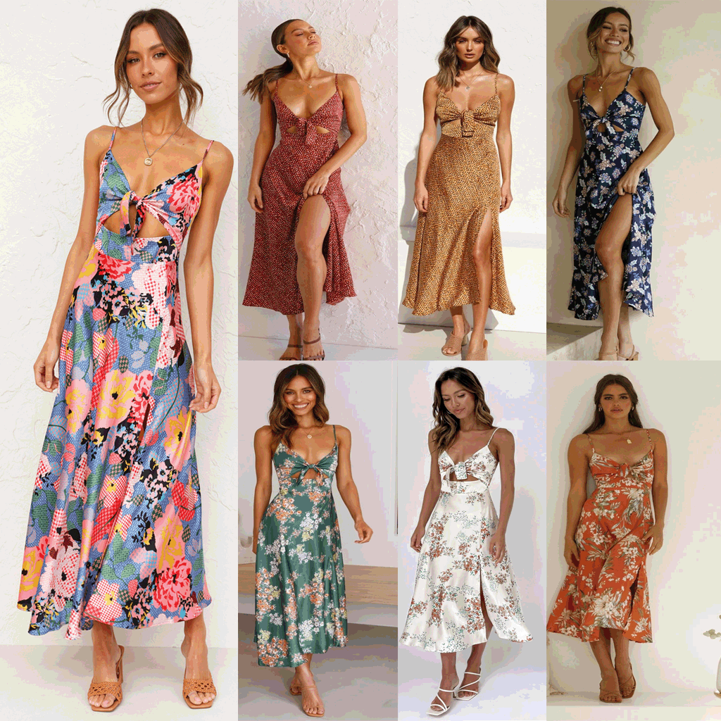 Patchwork Floral Print Spaghetti Strap Cut Out Tie Front Midi Dress