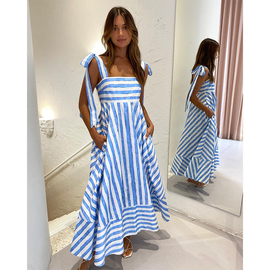 Square Neck Tie Shoulder Strap Striped Pocket A-Line Midi Dress