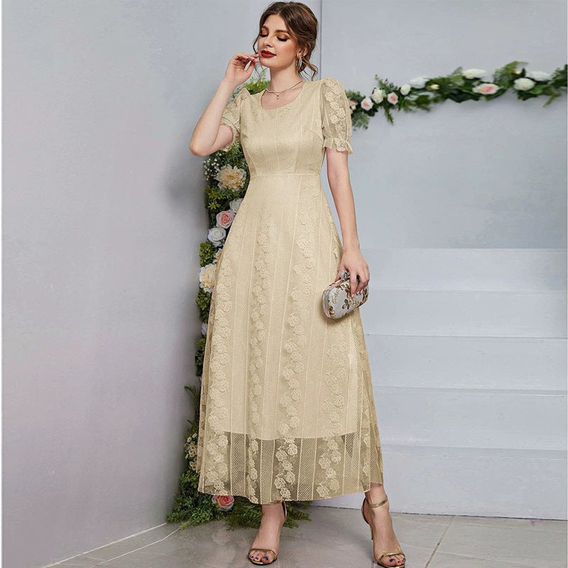 French Minority Slimming Mesh Stitching U Collar Solid Color Dress