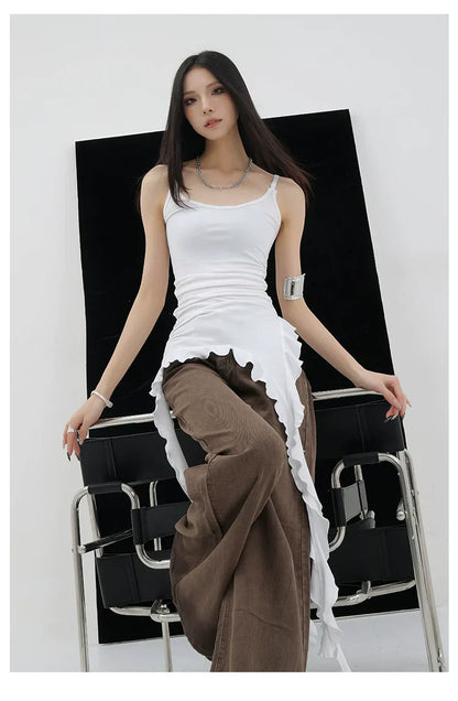 Black Asymmetric Ribbon Strap Tank Top With Ruffle Edge Design