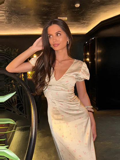 Sweet floral v neck fitted waist women dress