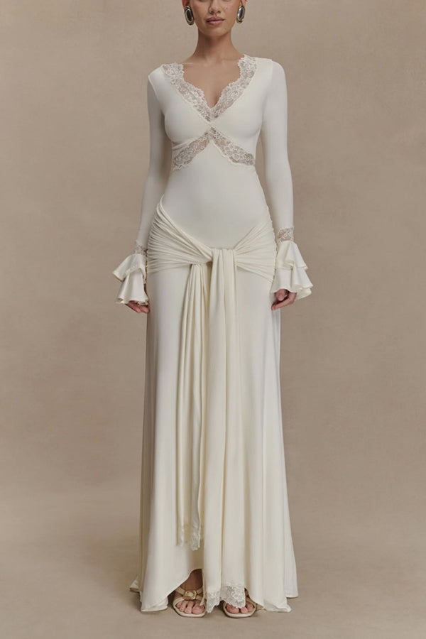 Fashion Lace Splicing Sexy V-neck Long-sleeved Slim Maxi Dress