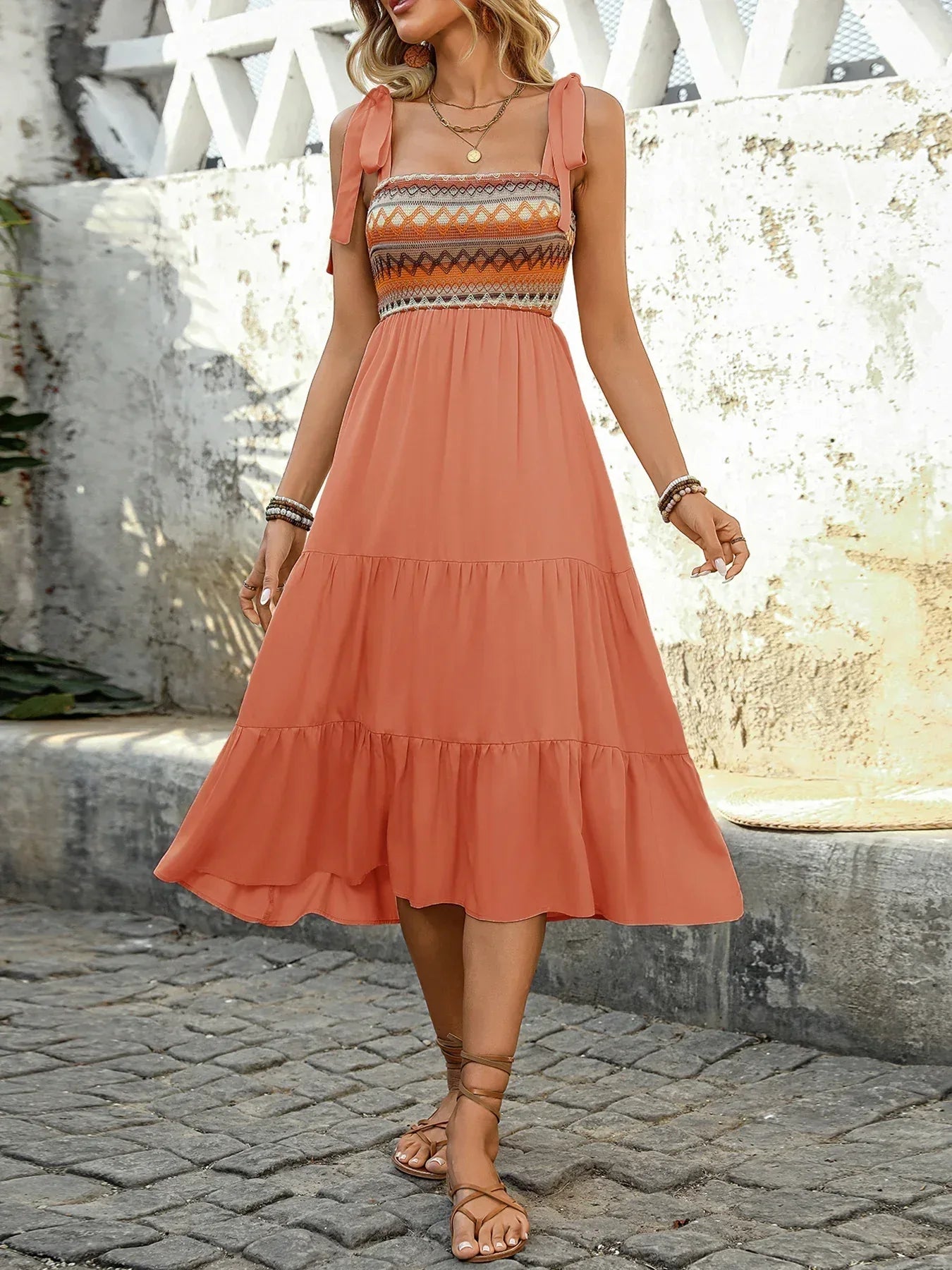 Embroidered Orange Midi Sundress for Women