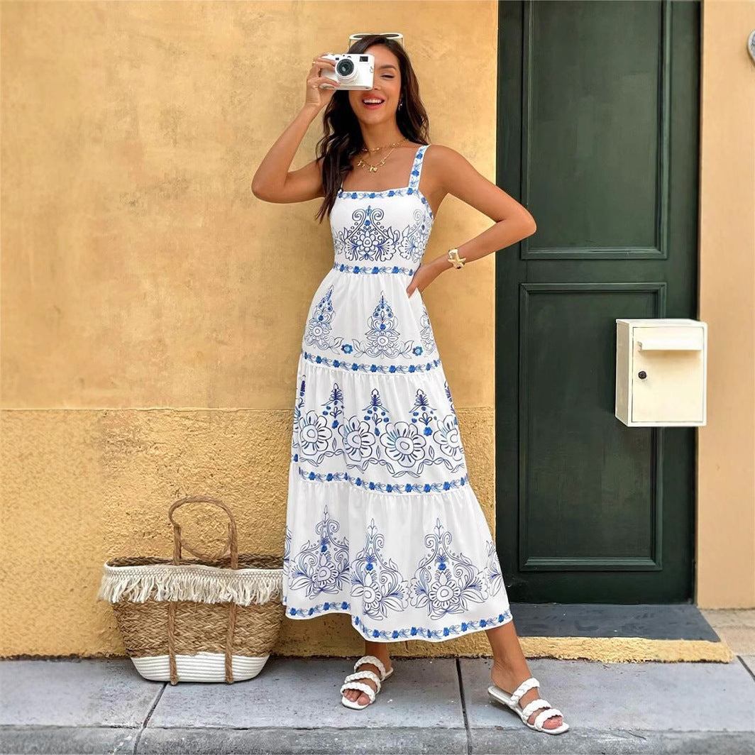 Floral Embroidered Square Neck Tiered Elastic Waist Maxi Dress