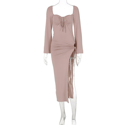 Long Sleeve Lace Up Slim Fit Backless Hollow Out Cutout Split Dress