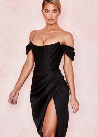 Off Shoulder Corset Bodice Draped Wrap High Split Midi Dress