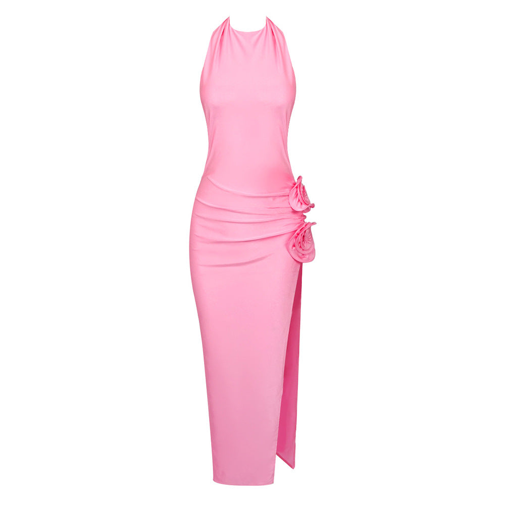 Fall Pink Halter Three Dimensional Floral Dress Beach Runway Stretch Slim Fit