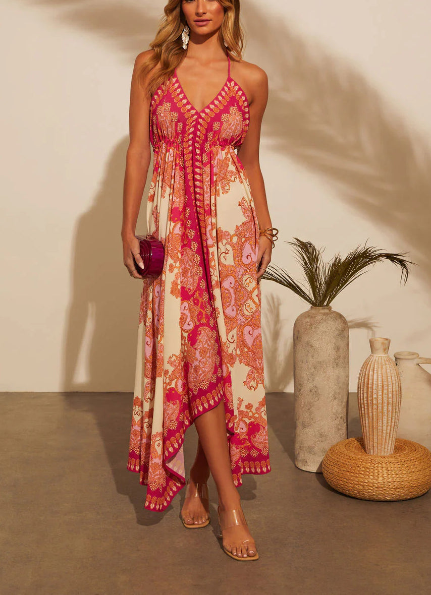 Ladies Strapless V-neck Women's Beach Halter Backless Printed Fairy Long Temperament Dresses Swing Dresses